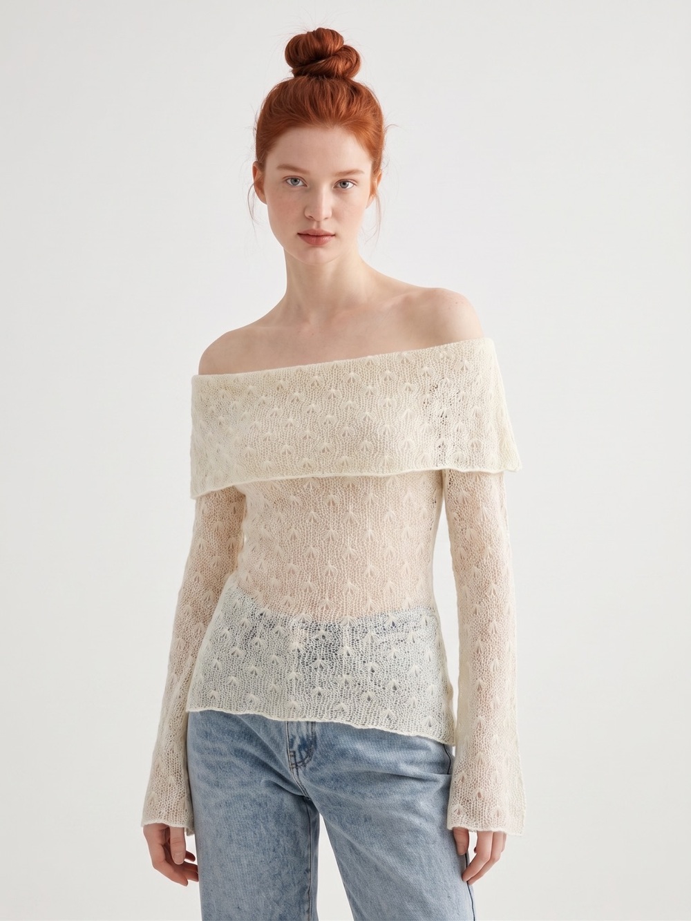 Vintage Y2K Wet Seal Off-the-Shoulder Cream Lace Open Knit Sweater. Rave. 2000s